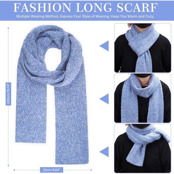 Women's Blue Warm Knit Beanie Hat Touchscreen Gloves Long Neck Scarf Set - Picture 5 of 6